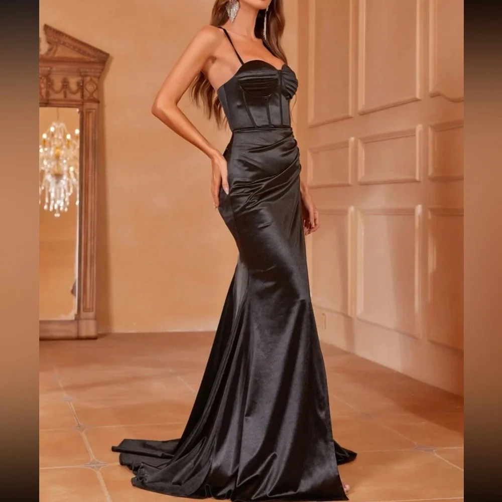 Luxe mermaid hem slit thigh party formal evening satin gown dress - Picture 7 of 8